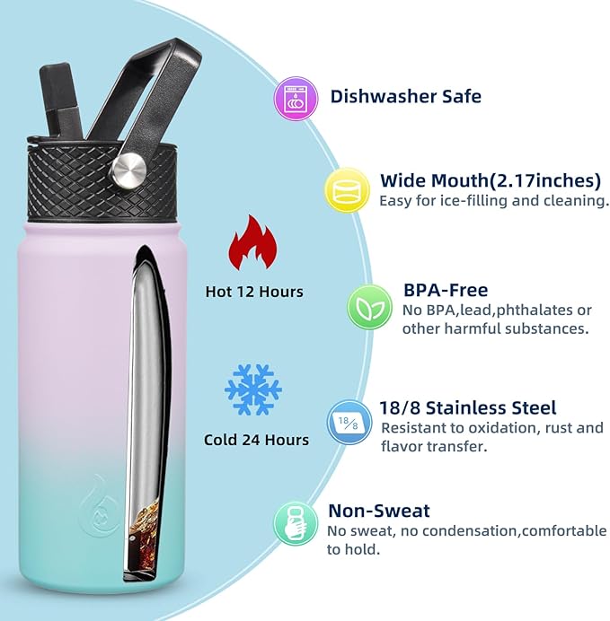 BJPKPK Insulated Water Bottles with Straw Lid, 18oz Stainless Steel Metal Water Bottle, Cold Hot Thermo with 3 Lids, Leak Proof BPA Free Travel Cup, Wide Mouth Flasks, Thermo -Lavender Green