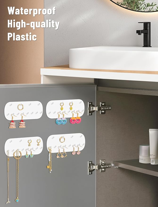 NiHome Wall Mounted Jewelry Organizer Set of 4 – 12 Hook Rounded Rectangle Design, No-Drill Installation – Premium PP Plastic, Moisture-Proof, Space-Saving Storage – 14CM x 6CM x 1.6CM White