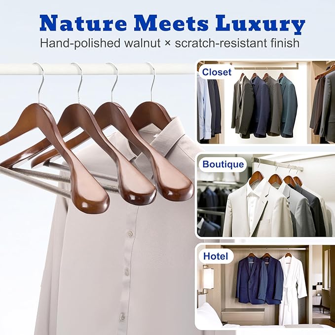 HOUSE DAY Wood Suit Hangers for Men, Smooth Wide Shoulder Wooden Hanger with Non Slip Pant Holder, Wide Hangers for Suits, Coats, Jackets, Heavy Wide Clothes Hanger 2 Pack, Walnut