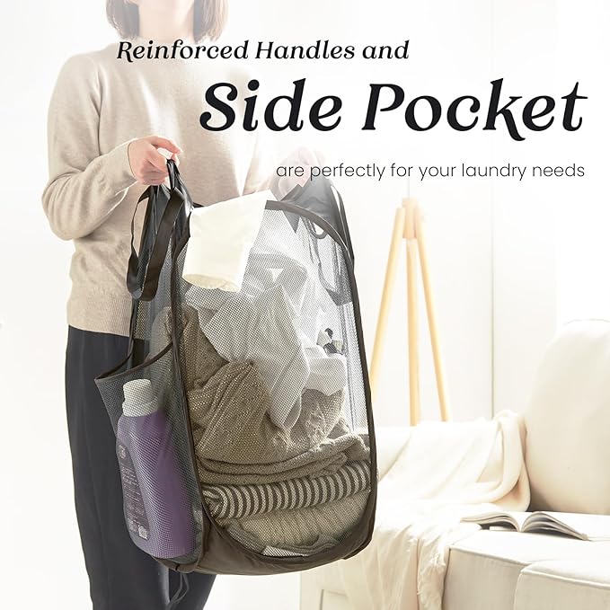 TECHMILLY Upgraded 105L Collapsible Mesh Pop Up Laundry Hamper with Sturdy Handles and Side Pocket - Portable Foldable Clothes Baskets for Dorm, Bathroom & Travel Storage (Black Plus，2 Packs)