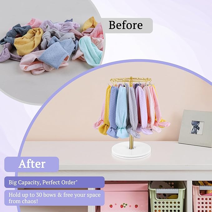 Planetgreen 360° Rotating Headband Holder for Baby Girls - Gold Hair Bow Organizer Display Stand with 30 Hooks - Spinning Hair Accessories Storage Rack for Nursery Room, Dresser & Vanity Table