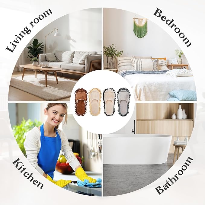 Jecery 4-Pair Washable Microfiber Mop Slippers - Detachable Dusting Shoes for Floor Cleaning, Office & Home Use - Suitable for Women & Men(Blue,Beige,Brown, White,M Size)