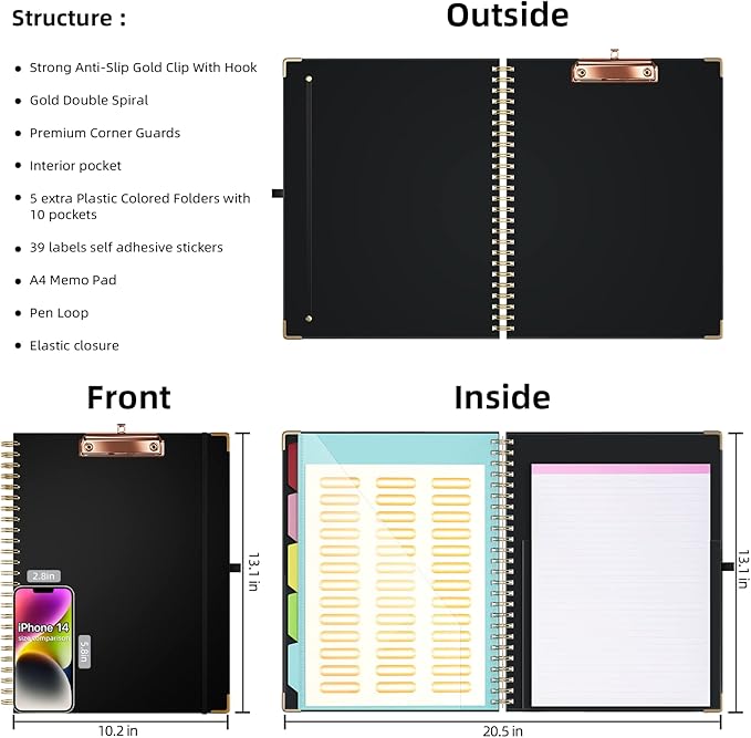 Ospelelf Clipboard with Storage 8.5 X 11，Padfolio Organizer, Spiral Portfolio Letter Size with Notepad, Pen Holder, 5 Extra Folder Divider Pages, Elastic Closure Nurse Office Essentials (Black)
