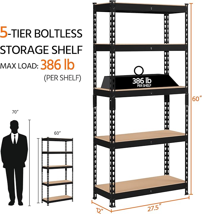 Topeakmart 5-Tier Utility Shelves, Metal Storage Shelves, Adjustable Shelving Units, Boltless Assembly, Garage Shelves Shed Shelving for Warehouse Garage Shed Basement- Black, 27.5 x 12x 60 Inch