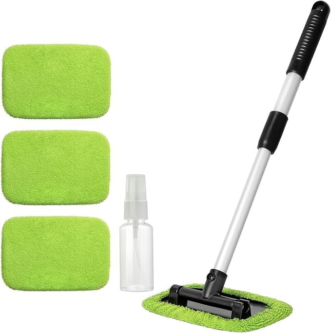11pcs Windshield Cleaner Tool, Car Window Cleaning Wash Kit with 6 Reusable Microfiber Pads 2 Spray Bottles and Extendable Handles Auto Glass Wiper Kit, Green