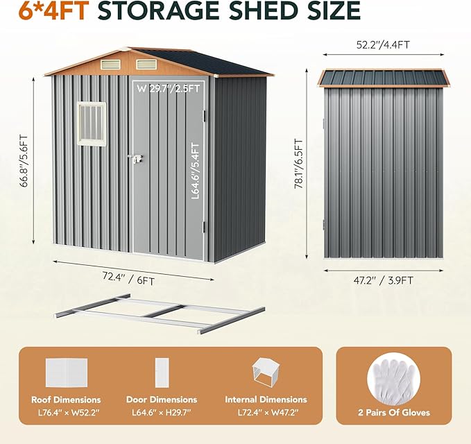 6x4FT Multi-Used Shed & Outdoor Storage,Steel Tool Shed with Frame Floor,Lockable Doors,Window,Vent,Compact Metal Tool Garden Shed for Garden, Backyard, Patio, Lawn and Various Storage(Matte Gray)