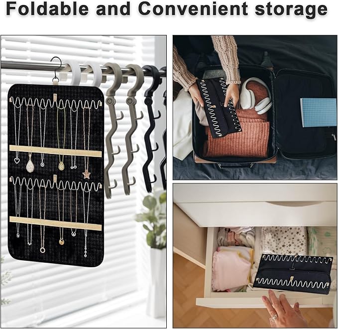 Longzhuo Jewelry Organizer, 2 Sided Necklace Holder, with 360 Degree Rotating Hook, Jewelry Holder for Travel, Earrings, Necklaces, Rings on Closet, Wall, Door, Black (12.99 x 21.65 inches)