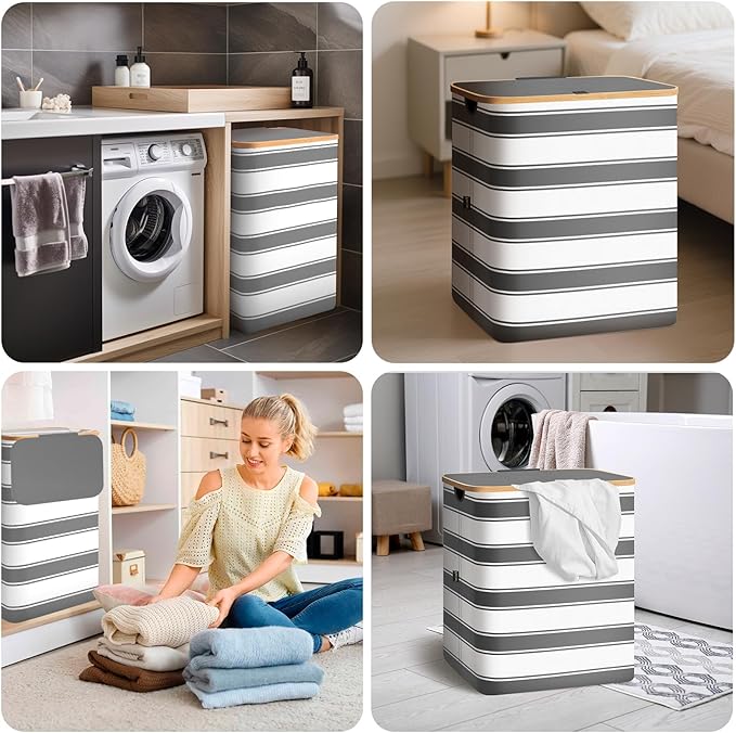BALEINE Laundry Hamper with Lid, Tall Laundry Baskets with Bamboo Pull Handles, Large Laundry Bin with Internal Support (18 Gal/70L, Grey Stripe)