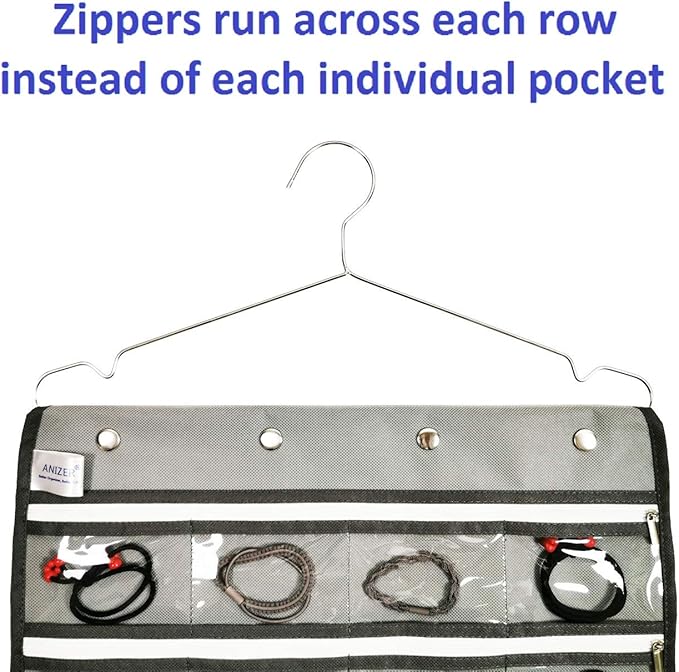 Zippered Jewelry Organizer Dual Sided Hanging with Hanger for Travel Home Closet Storage (28 Zippered Clear Pockets and 20 Tape Loops Grey)