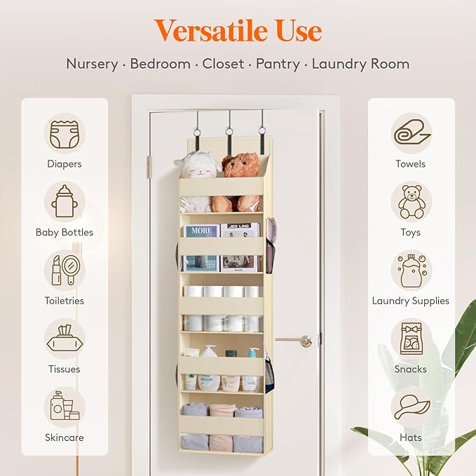 Lifewit 1 Pack Over the Door Organizer, Clear Window Hanging Storage with 4 Mesh Side Pockets, Anti Tilt 40 lbs Load Behind Door for Pantry, Nursery, Bathroom, Bedroom, Dorm, 5 Section, Beige
