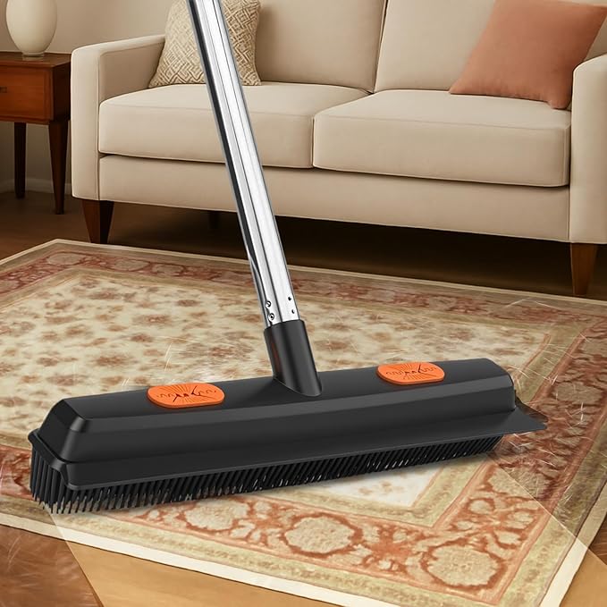 FUNNSOO Rubber Broom with Squeegee for Pet Hair Removal, 52" Adjustable Carpet Rake, Reusable Floor & Carpet Cleaning Tool, Includes Microfiber Cloth and Pet Hair Comb