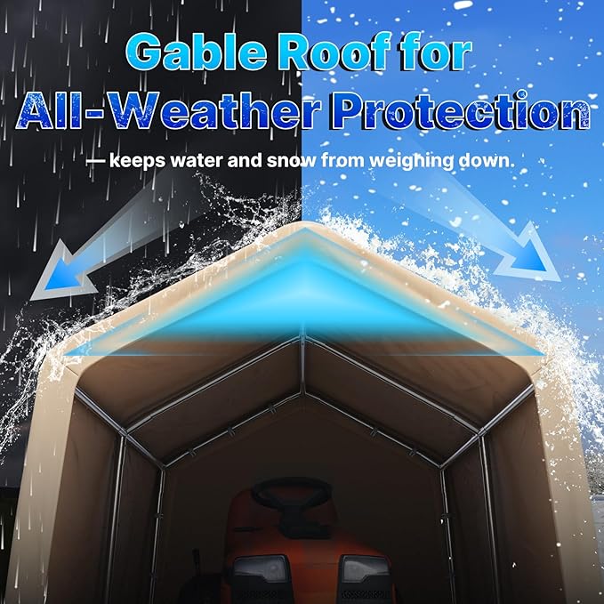 ADVANCE OUTDOOR 8x14 ft Steel Metal Peak Roof Portable Garage Shelter Storage Shed Carport for Motorcycle, Bike or Garden Tools with 2 Roll up Doors & Vents, Beige
