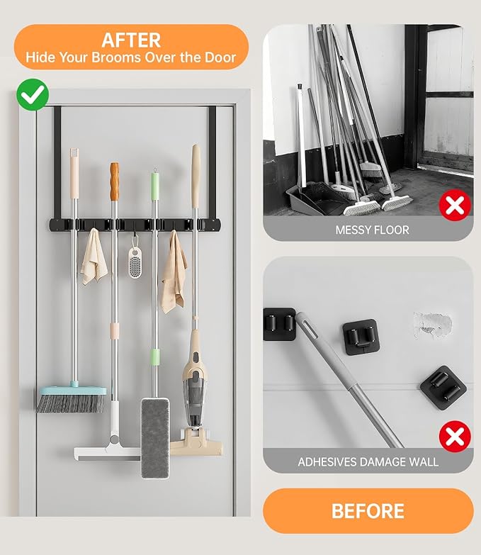 Broom Holder Over The Door - 304 Stainless Steel Mop and Broom Holder Wall Mounted or Hanging Over The Door with Hooks - Broom Hanger, Broom Storage Tool Organizer for Garage Closet Laundry