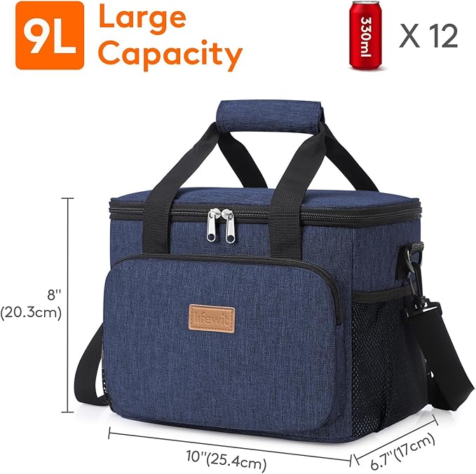 Lifewit Medium Lunch Bag Insulated Lunch Box Soft Cooler Cooling Tote for Adult Men Women, Dark Blue 12-Can (9L)