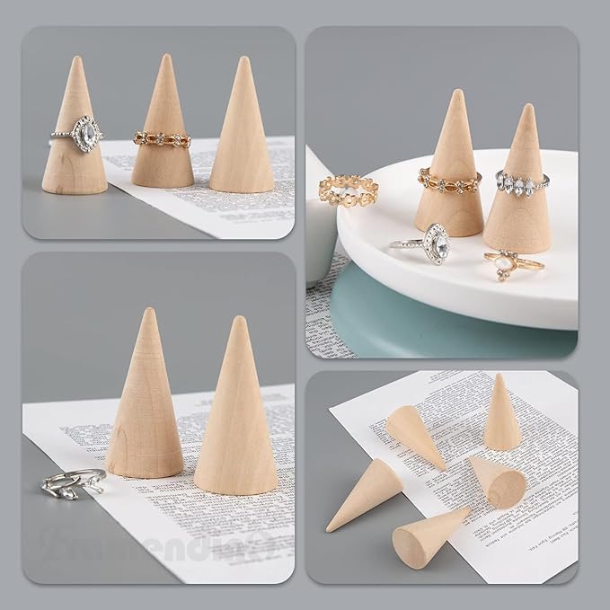 Framendino, 10 Pack Natural Wood Cone Ring HolderJewelry Display Stand Organizer DIY Craft Wooden (Vertical Shaped)