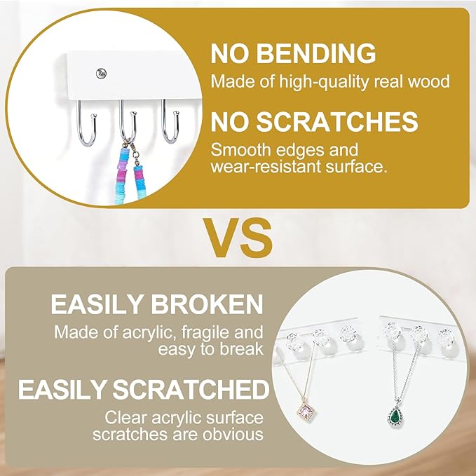 Hanging Jewelry Organizer, 2 Pack Necklace Holder for Wall White Wooden Necklace Organizer Hangers with 24 Hooks Jewelry Display Hangers Wall Mounted for Necklaces, Earrings, Bracelets, Keys
