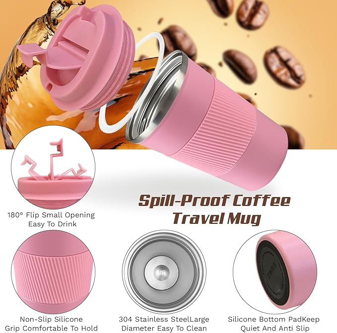 Vacuum-Insulated Stainless Steel Travel Coffee Mug, Leak-Proof Reusable Coffee Cup with Lid - Keep Hot & Cold Drinks for Hours, Durable Insulated Tumbler for Men & Women(3rd-Pink, 12OZ)