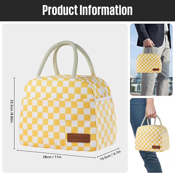 Lunch Bag Women/Men Lunch Box Women/Men (Yellow+White Checkerboard)