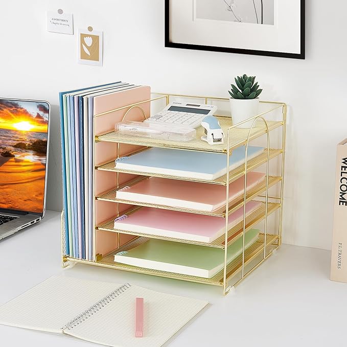 Desk Organizers and Accessories, 5-Tier Paper Letter Tray Organizer with File Holder, Desktop Organizer for Office Supplies (Gold)