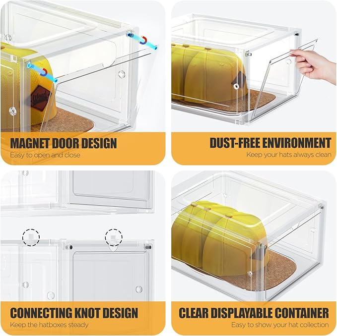 Hat Organizer Box, Stackable Clear Baseball Caps Holder Box Containers with Magnetic Door for Hats Snapback Cap Storag, Hat Rack Display Case, Holds 8 Hats Each (Clear, 4 Pack)