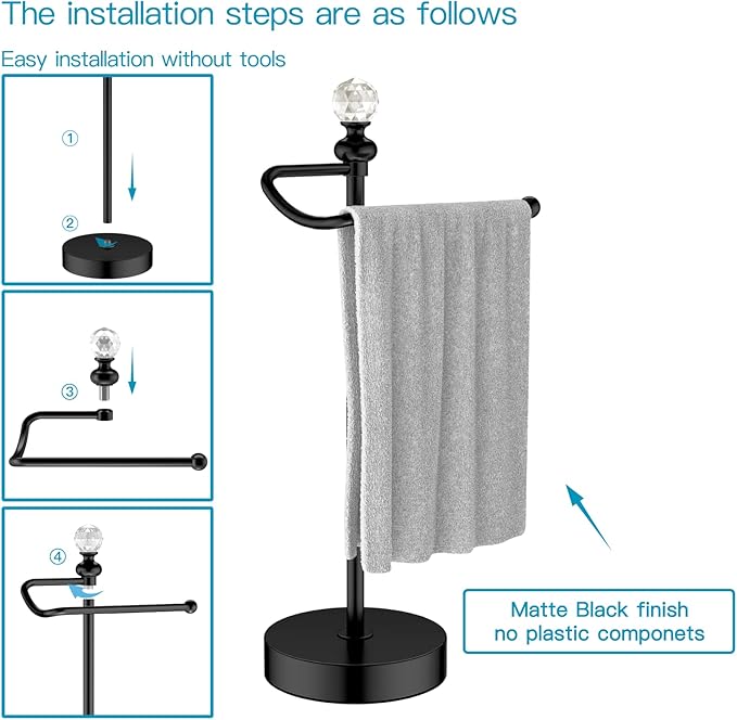 Heavy Weighted Hand Towel Holder(with Crystal Ball) Standing Hand Towel Holder Total Height 15.7'' for Kitchen,Bathroom,Vanity,Classic Decorative Metal Hand Towel Stand,Matte Black