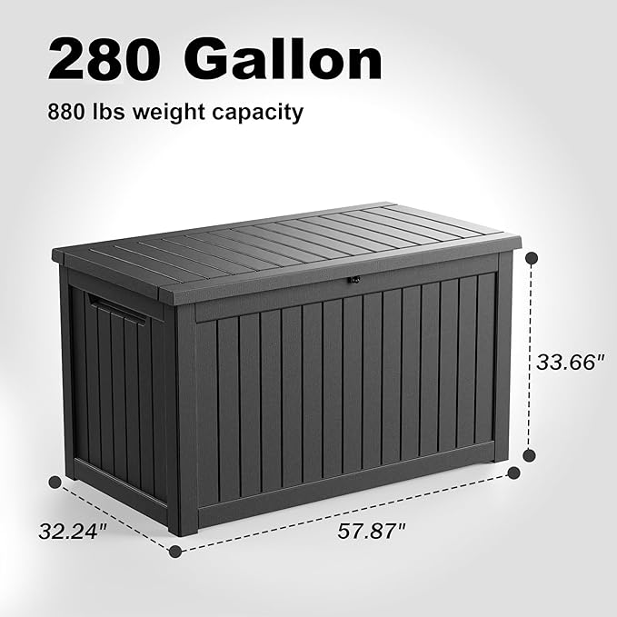 280 Gallon Outdoor Deck Box,Waterproof Resin Outdoor Storage Boxes, Outside Storage Lockable Container for Garden Tools,Indooor Cushions,Accessories (Black)