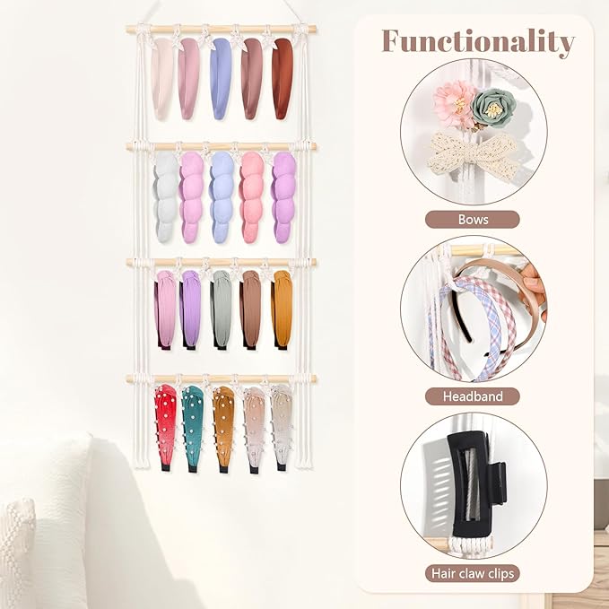 Headband Holder Organizer for Girl,Macrame Hanging Hairband Storage for Women,Boho Hair Hoop Display Hair Accessories Organizer Bedroom College Dorm Decor