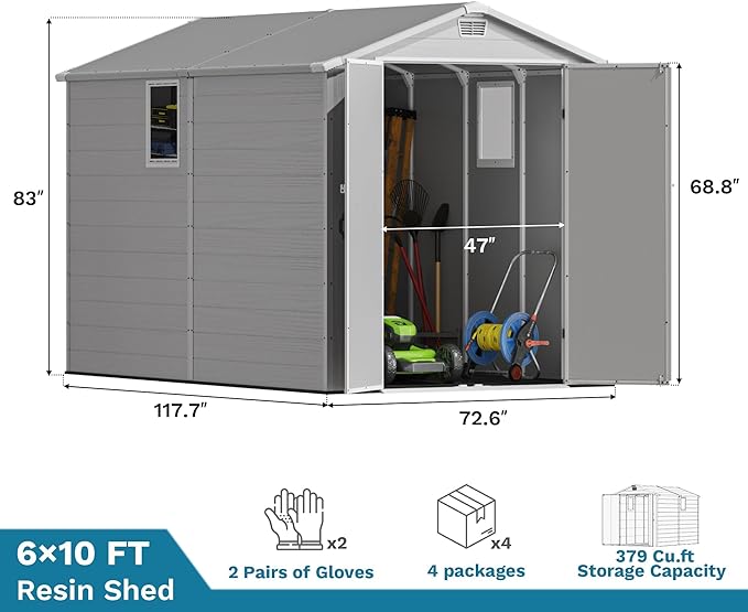 Devoko 6x10 FT Plastic Outdoor Storage Shed with Floor, Resin Garden Shed with Lockable Door and Window, Waterproof Outside Tool Storage Shed for Patio, Garden, Backyard, Light Gray
