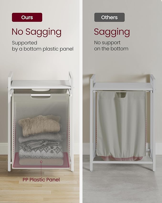 VASAGLE Laundry Hamper, Laundry Basket, Laundry Sorter with A Pull-Out and Removable Bag, Shelf, Metal Frame, 17.2 Gallons (65 L), 19.7 x 13 x 28.4 Inches, Cream White and Cloud White UBLH101W01