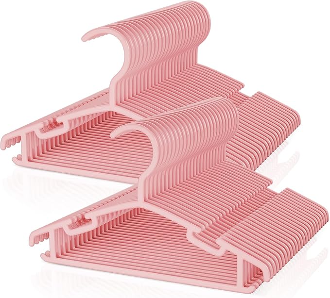 Kids Plastic Hangers, Baby Clothes Hangers for Closet 50 Packs Non-Slip Toddler Hangers for Infant Child Clothing for Pants Coats Skirts (Pink)