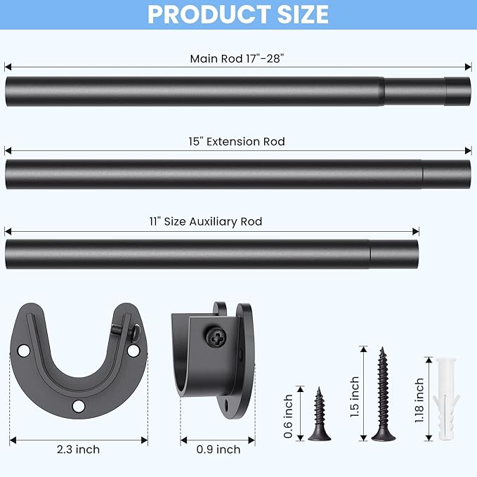 Closet Rods for Hanging Clothes, 17 to 28 Inch Stepless Adjustable Closet Rod, 1.3 Inch Diameter Metal Heavy Duty Closet Hanging Rod for Closet Wardrobes Laundry RV, Black