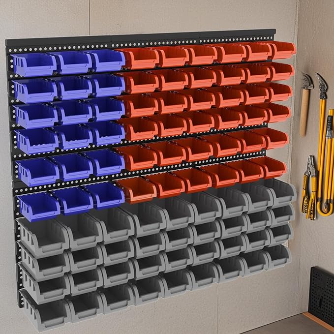 Wall-Mounted Garage Storage Bins, Parts Rack System, Plastic Hanging & Stackable Organizers, Hardware & Tool Storage for Workshop, Craft Room, School & Shop, 90PCS