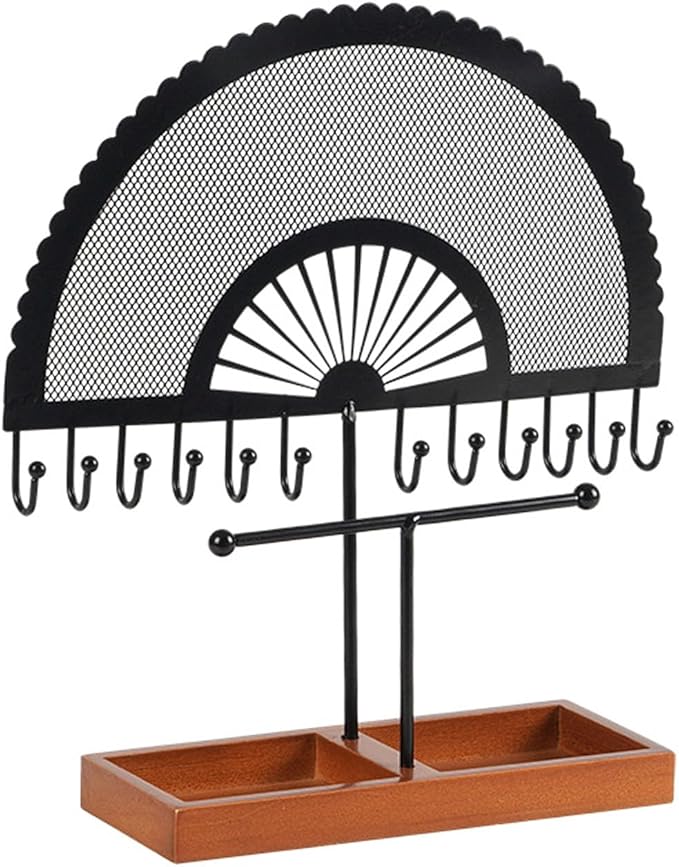 TANG SONG 11" Metal Fan-Shaped Jewelry Display Stand – Earring & Necklace Organizer Holder for Bracelets, Chains for Home Display