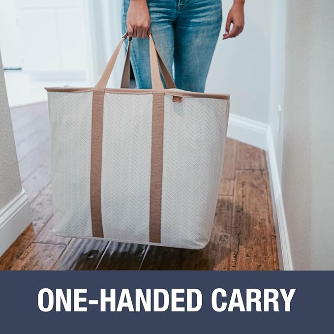 CleverMade Collapsible Laundry Caddy – Foldable Laundry Hamper & Tote, XXL 64L Pop-Up Laundry Basket with Handles, Space-Saving Laundry Organizer for Home & Travel, 2 Pack - LUXE Cream Herringbone