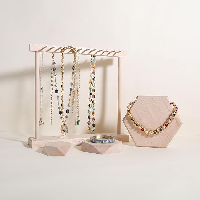 GemeShou Medium necklace hanger shelf with 12 copper bars, Wooden jewelry storage organizer rack for hanger necklace bracelet, necklace display stand for boutique store【Maple】