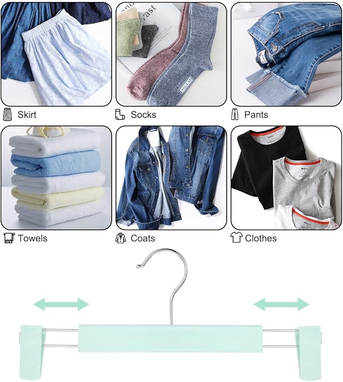 Clothes Pants Hangers, Space-Saving Skirt Holders with 360 ° Swivel Hooks, Adjustable Clips, Trouser Hangers, Clothes Coat Garment Jeans Hangers (20 Pack, Green)