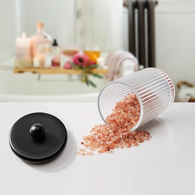SheeChung 4-Pack Black Ribbed Glass Qtip Holder - Apothecary Jars Bathroom Organizer Set with Lids - Vanity Storage Canisters for Cotton Balls, Pads, Swabs, Floss Picks - Modern Farmhouse