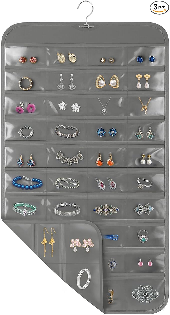 Hanging Jewelry Organizer for Closet with Swiveling Hanger, 17 x 30 In, 80 Clear Pockets Jewelry Organizer Hanging for Jewelries, Earrings, Accessories (Beige) (3, Gray)