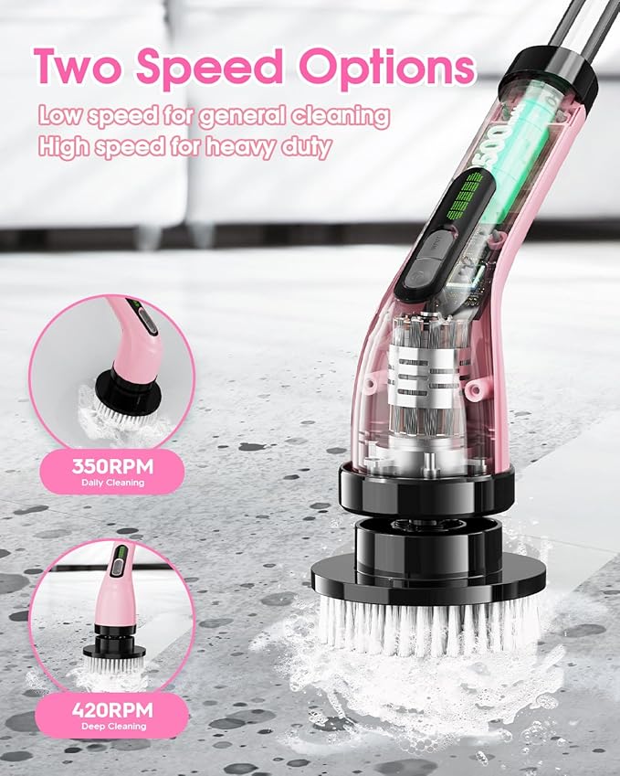 Electric Spin Scrubber for Cleaning Bathroom: Cordless Power Shower Scrubber - Electric Cleaning Brush for Tile Tub - Pink