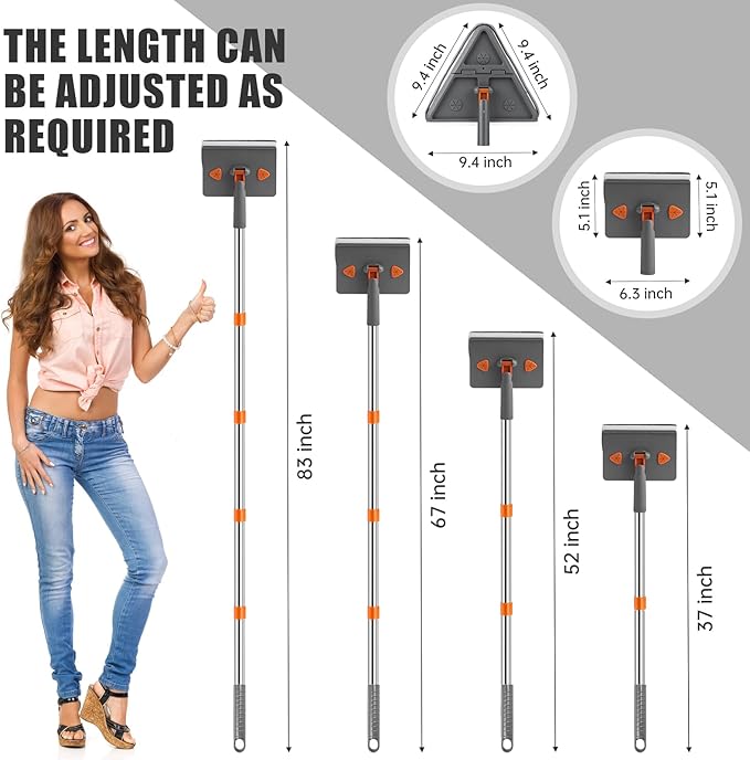 Baseboard Cleaner Tool with Handle, Folding Wall Mop with 86" Extension Pole, Swivel Wall Cleaner Mop with Squeegee, 8 Reusable Pads for Baseboard, Wall, Ceiling, Window, Floor, Furniture