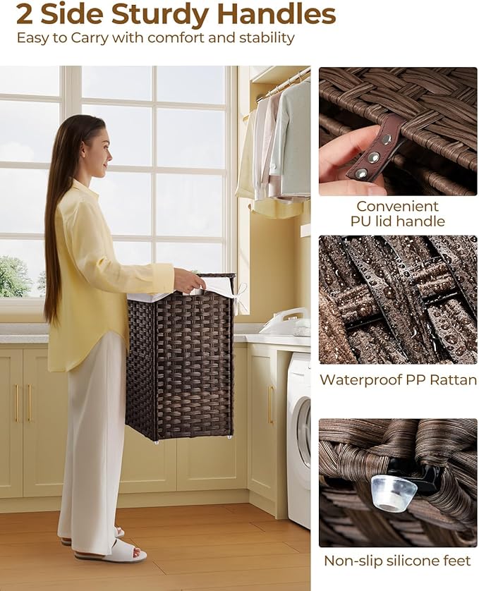 Greenstell Laundry Hamper with Lid, 90L Clothes Hamper with 2 Removable Liner Bags & 2 Mesh Laundry Bags, Handwoven Synthetic Rattan Laundry Basket for Clothes, Toys in Bathroom, Bedroom Brown