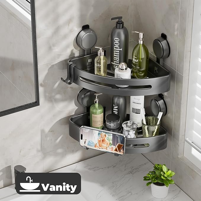 ONXE Shower Caddy Corner,Suction Cup Shower Caddy with Hooks,No Drilling Rustproof Aluminum Bathroom Organizers and Storage,Shelves for Bathroom Accessories Decor (1)