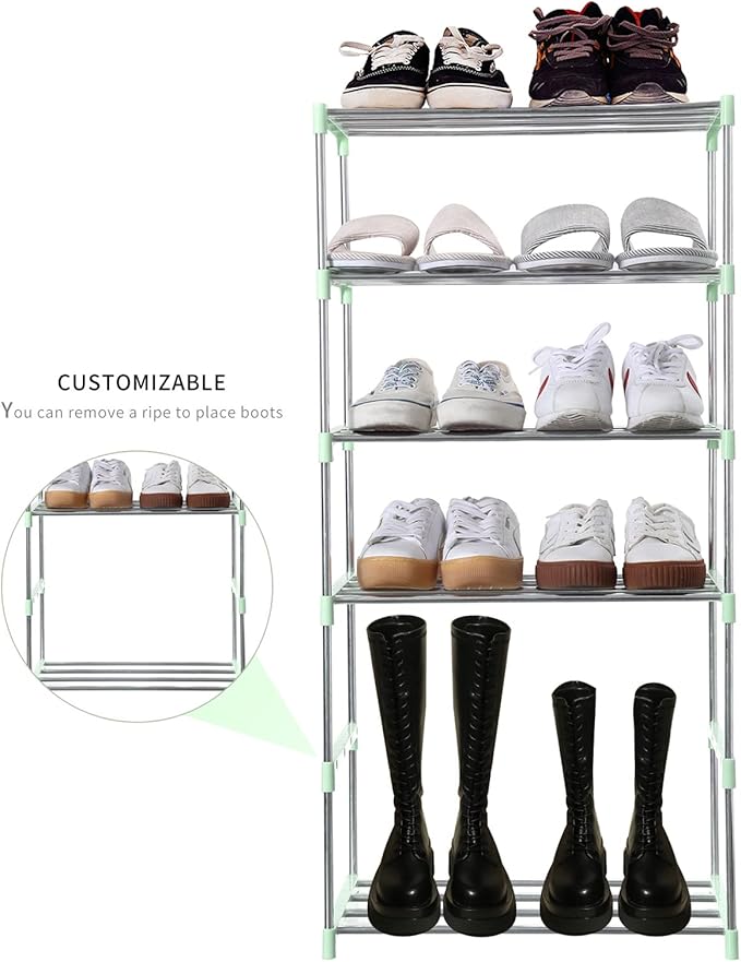 Stackable Small Shoe Rack, Entryway, Hallway and Closet Space Saving Storage and Organization (3-Tier, Green)