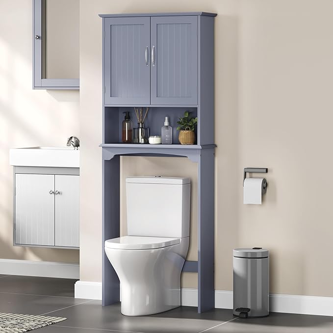 Yaheetech Over The Toilet Bathroom Cabinet with 2 Doors & Adjustable Shelf, Free Standing Toilet Rack Space-Saving, L24.5xW9xH66 Inches, Grey