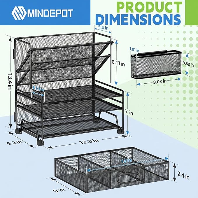 4-Tier Paper Organizer + 3-Pocket File Holder, Desktop File Organizers Paper Tray for Office School Classroom Workspace Organization (Black Desk Organizer)