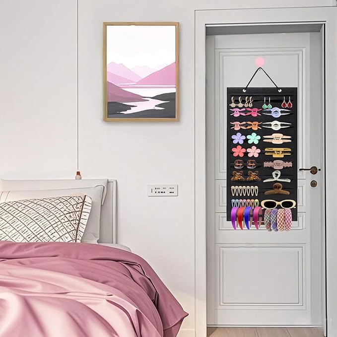 Hanging Hair Claw Clips Organizer, 31.4 x 12 inch Hair Clip Organizer for Women for Closet and Wall Option for Fashion Lovers and Home Organizers (Black)