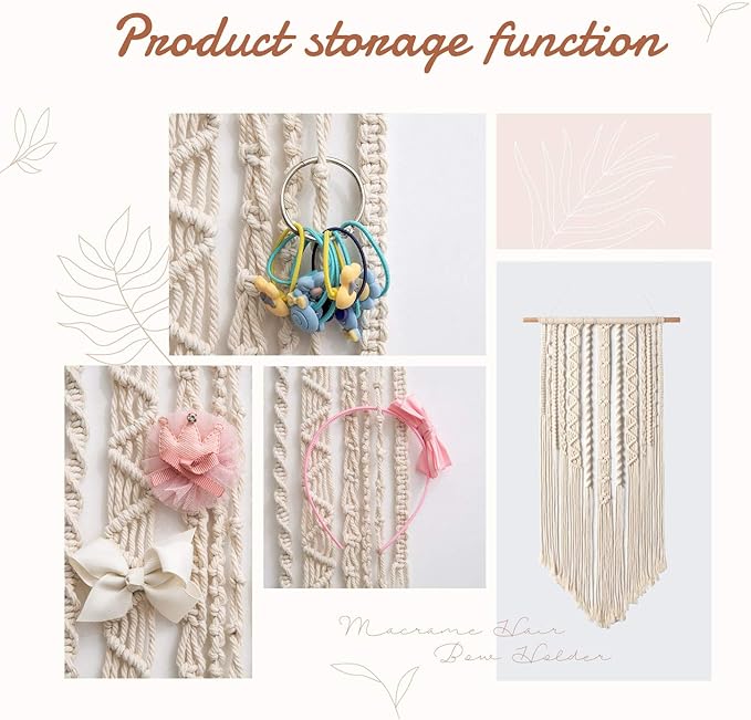 Mkono Macrame Bow Holder Hanging Hair Bow Organizer for Girls Hair Bows and Scrunchies Holder Stand Hair Accessories Organizer Gold White Metal Scrunchies Tower Hair Tie Organizer
