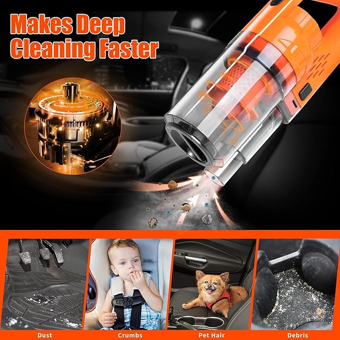 Viewsun Car Cleaning Kit, Orange 17pcs Car Interior Detailing Kit with High Power Handheld Vacuum, Detailing Brush Set, Windshield Cleaner, Cleaning Gel, Complete Auto Accessories for Women Men Teens