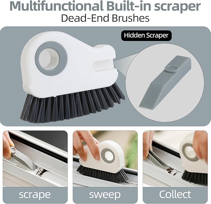 2 in 1 Groove Cleaning Brush, Grout Cleaner Tool & Multifunction Window Track Cleaner (with Hidden Scraper or Mini Dustpan) – for Glass Door Tracks, Window Sills, Sliding Doors (Gray)