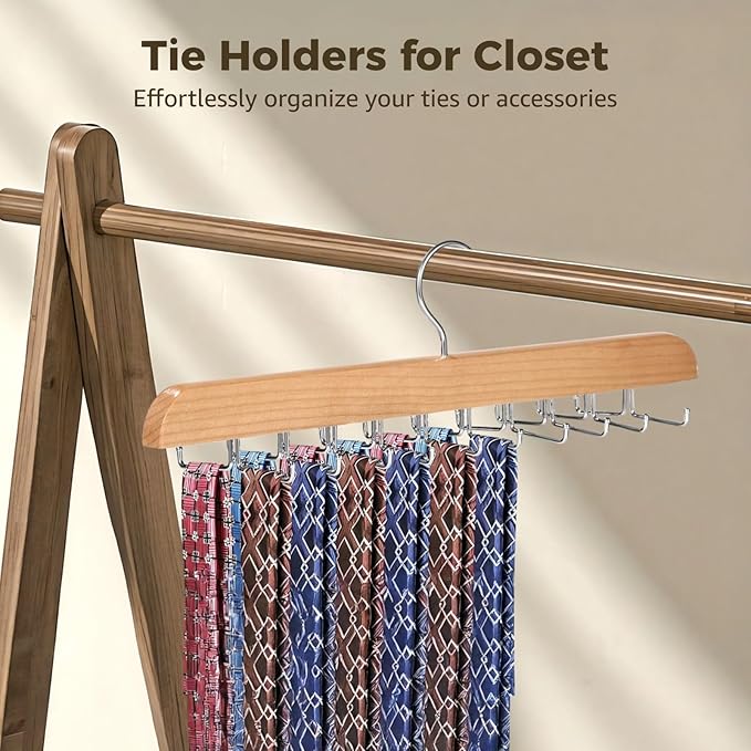 Tie Holders for Closet 2 Pcs, Tie Rack Hanger Hooks, Natural Wood Finish, 20 Rotating Hooks Each, Multi-Functional Storage for Ties Belts Scarves